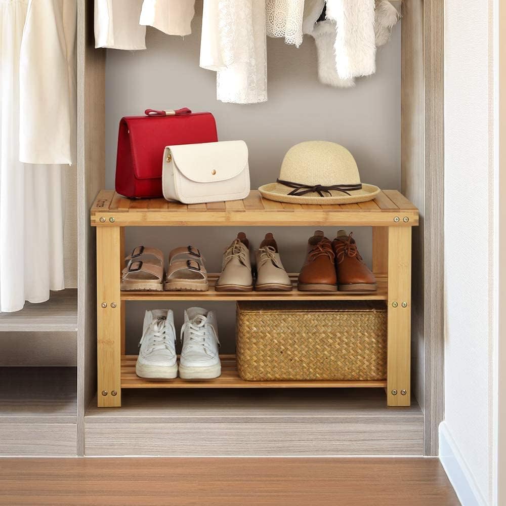 Wood Shoe Rack Bamboo Shoe Rack for Entryway Bench