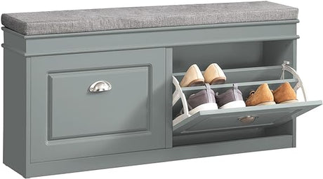 FSR64-W, White Shoe Storage Bench with 2 Flip Drawers & Padded Seat Cushion