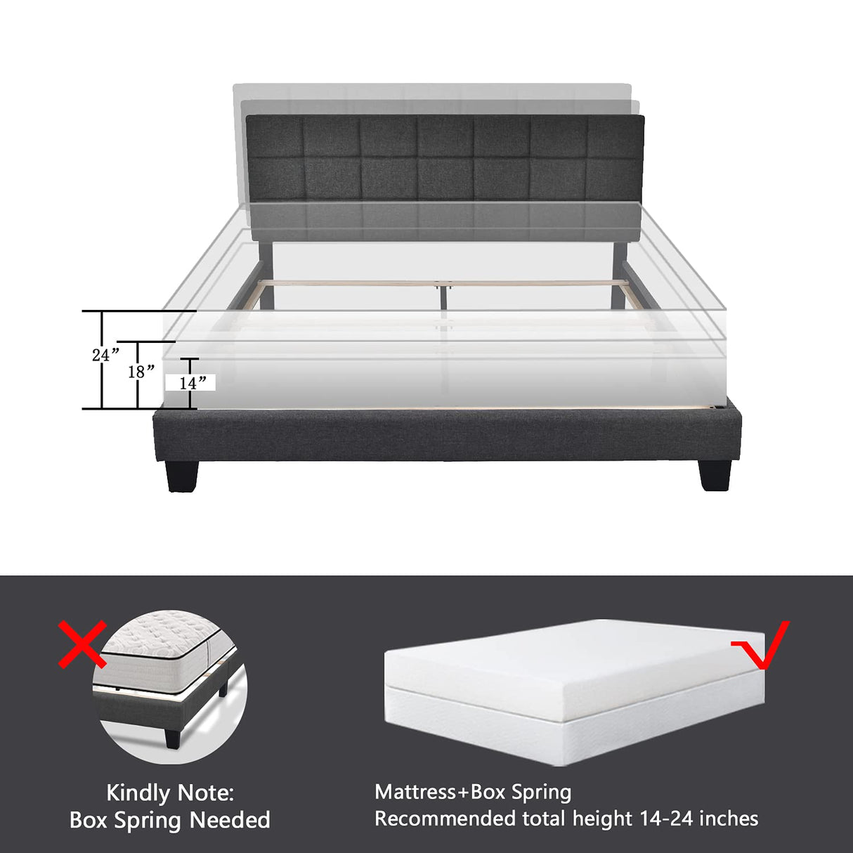 Queen Size Panel Bed Frame with Adjustable Headboard for High Profile/Fabric Upholstered/Square Stitched Padded Headboard/Box Spring or Bunkie Board Required/Dark Grey