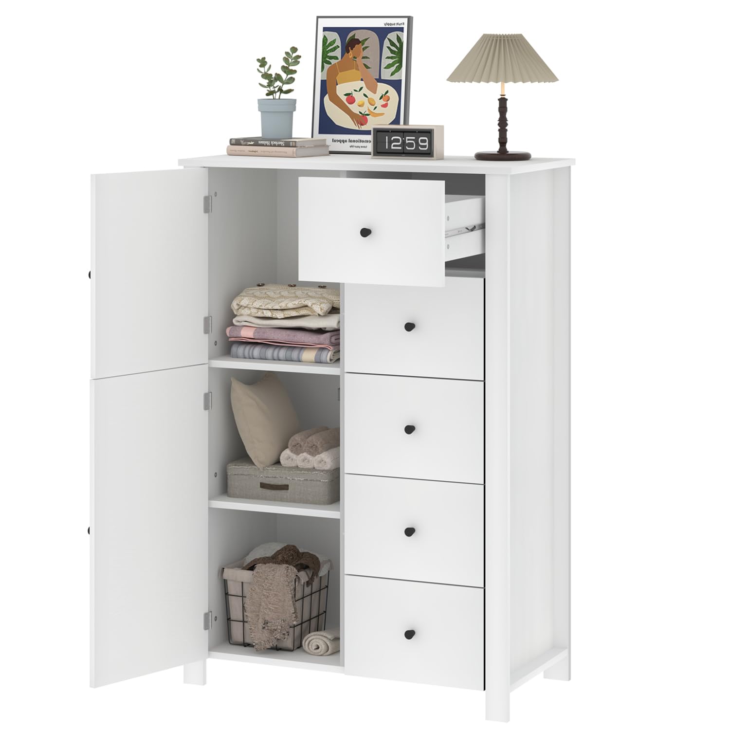 Farmhouse Storage Cabinet with 5 Drawers, Floor Cabinet with Doors,Freestanding