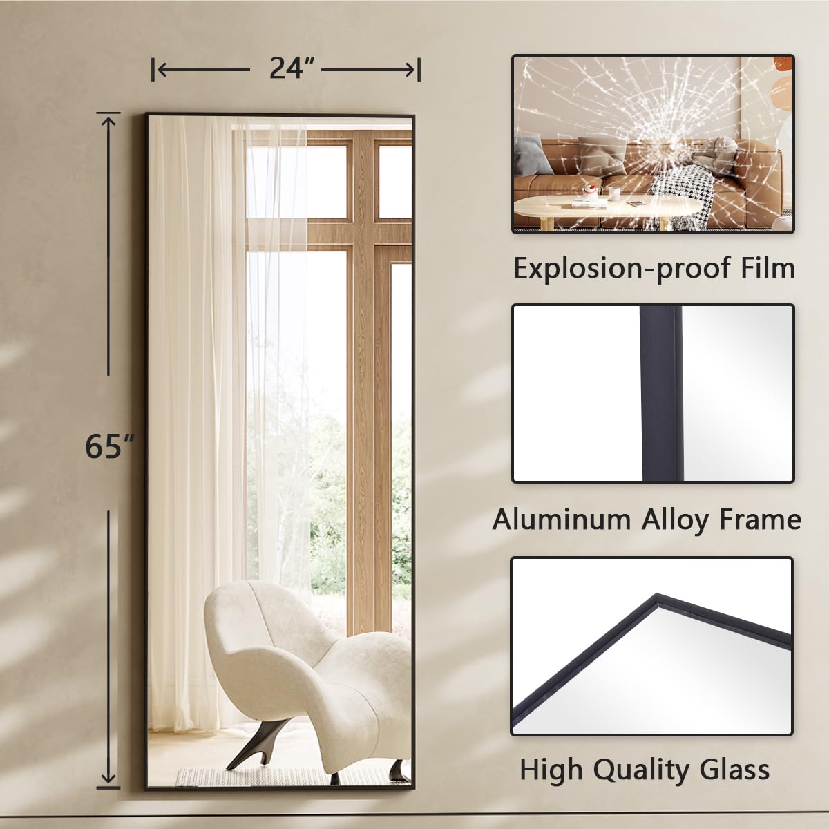 Large Mirrors for Wall, 65"x24" Full Length Mirror with Stand, Full Body Mirror