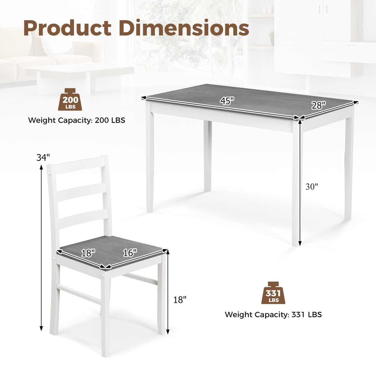 Tangkula Dining Table Set for 4, Solid Wood, Farmhouse Dinette Set w/Rubber Wood Legs, Modern Dining Table and Chairs Set for Kitchen, Dining Room (Grey+White)