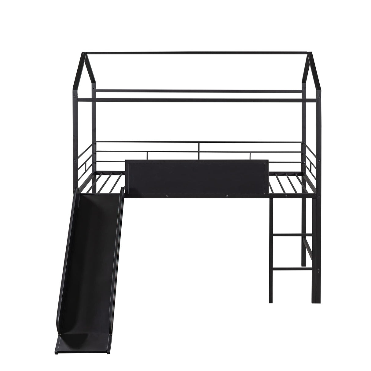 Slide and Chalkboard, Low Loft Bed Twin Size, Metal House Bed with Guardrail and Ladder, Metal Twin Size Loft Bed for Kids Teens Girls Boys (Twin, Black)