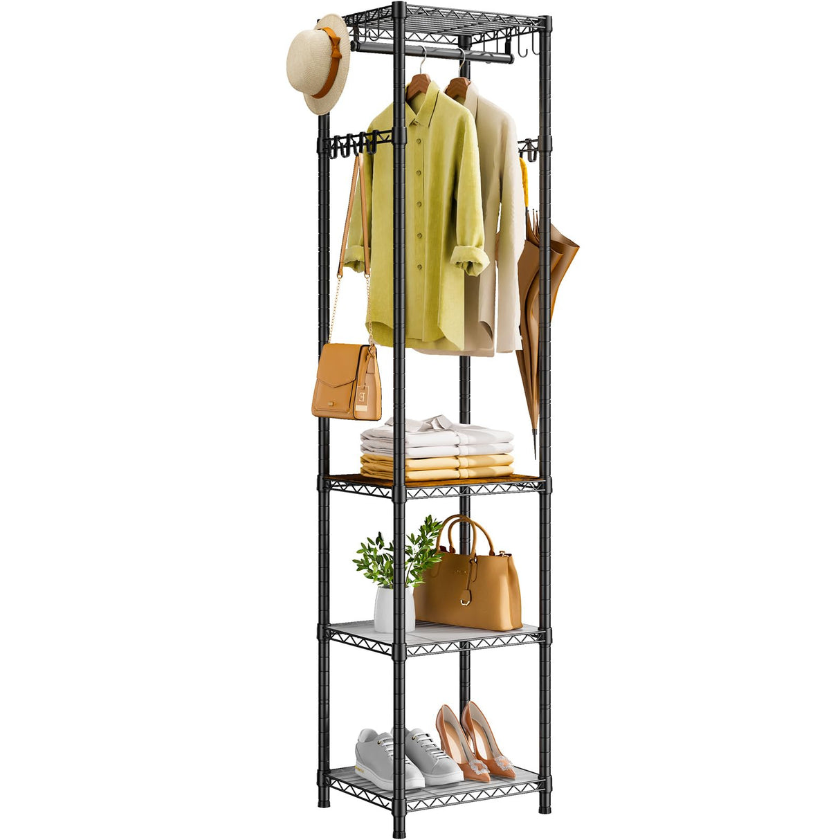 Coat Rack Freestanding, Hall Tree with 4 Storage Shelves and 16 Hooks, Coat Rack Stand