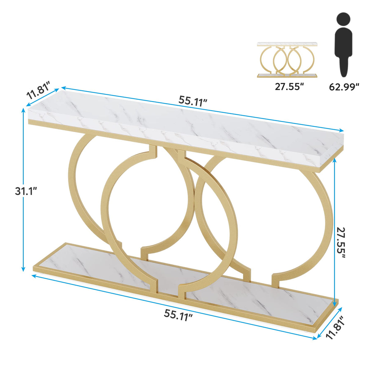 Gold Console Table, 55 inch Faux Marble Entryway Table Narrow Long Sofa Table