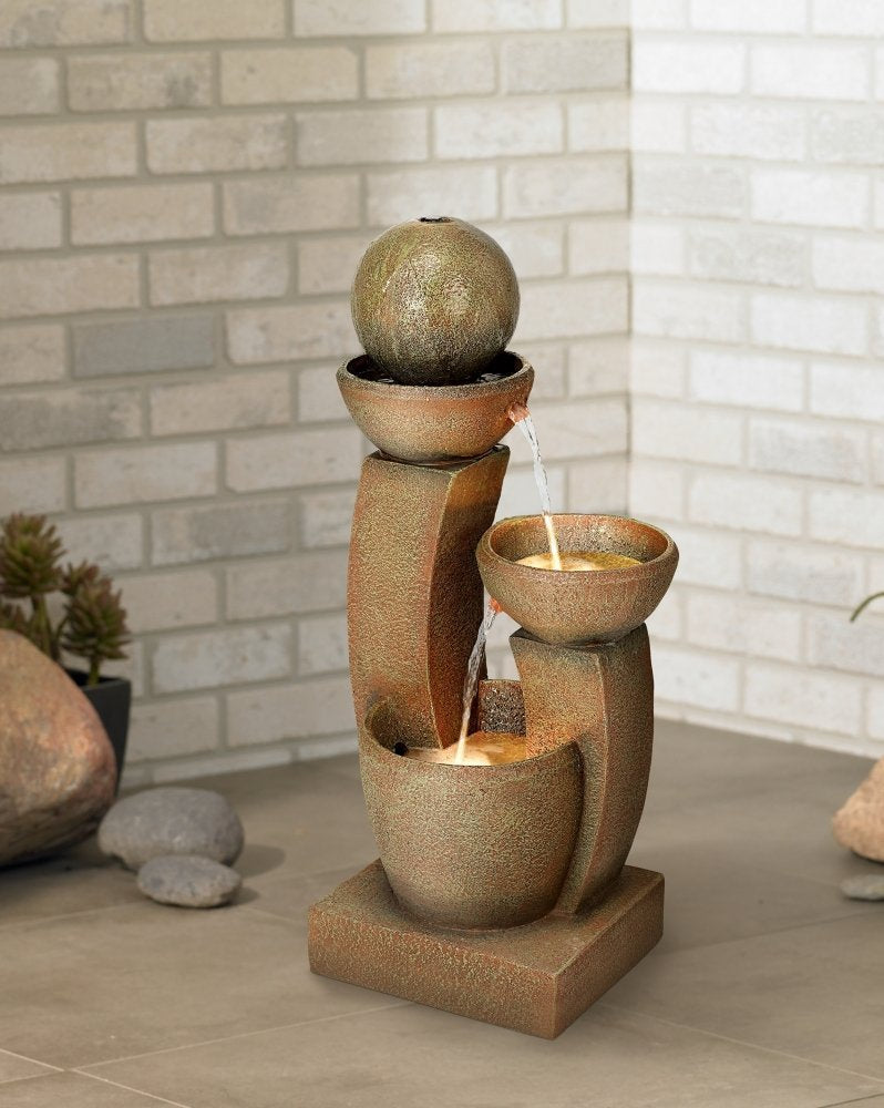 Curved Columns Modern Zen Outdoor Floor Water Fountain 31" High with LED Light