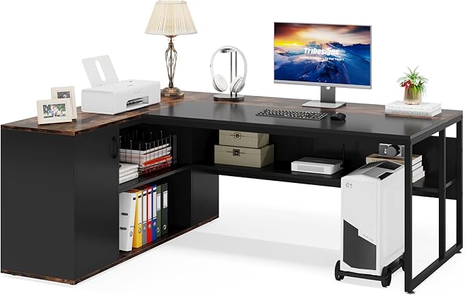 Large Executive Desk with File Cabinet, 71 inch L Shaped Computer Desk Office Desk