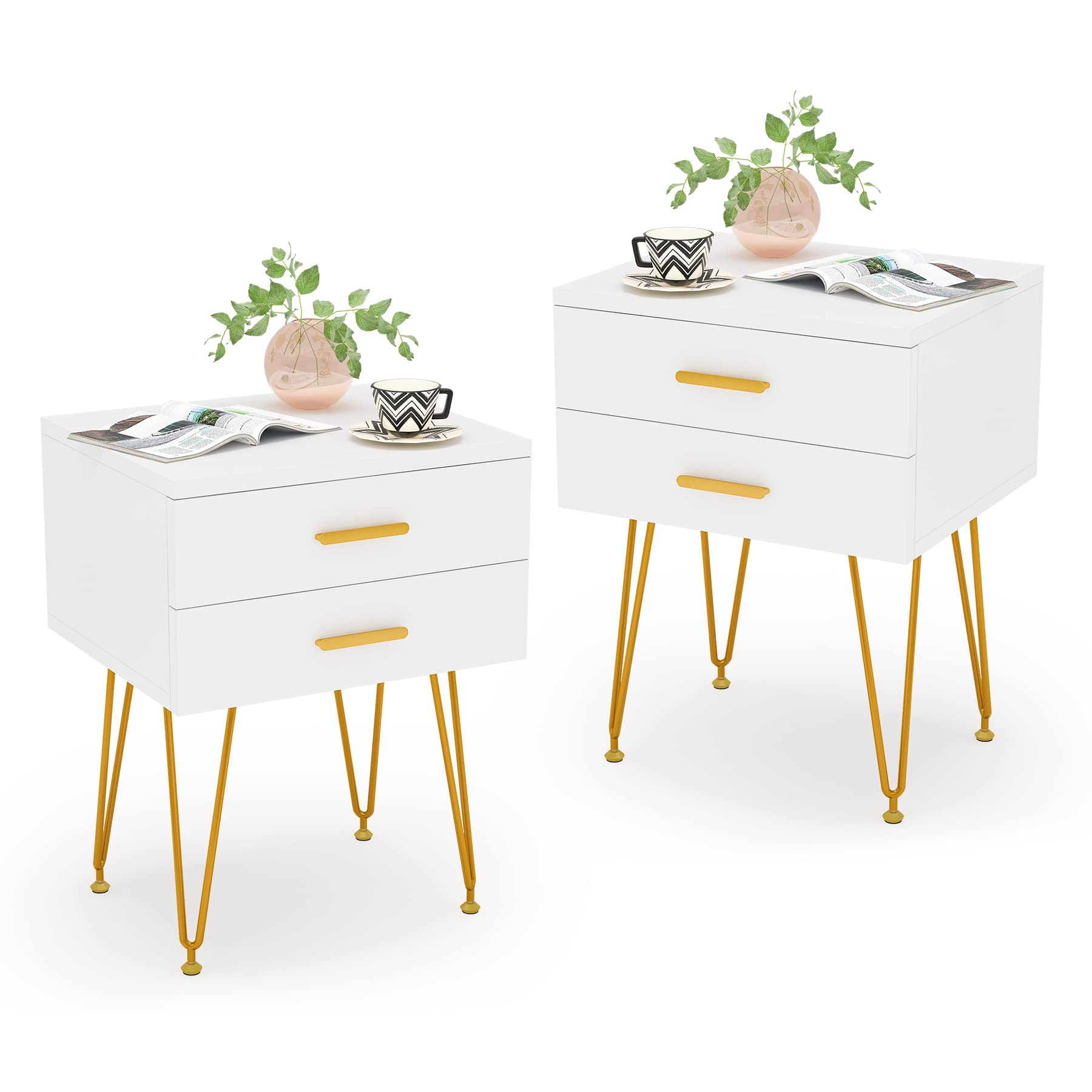 2-Drawer Nightstand Set of 2, White and Gold Bed Side Table with Metal Legs