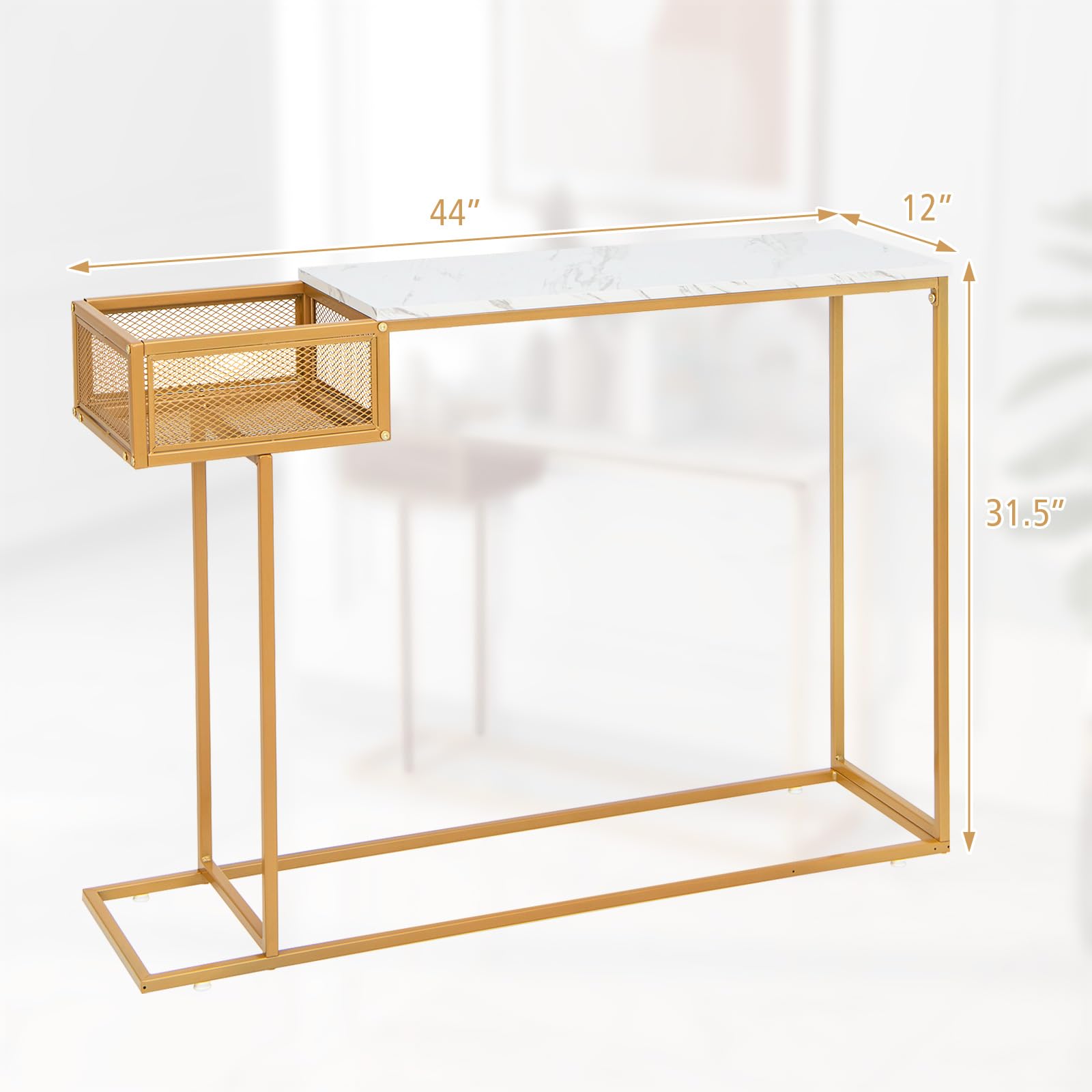 Console Table with Storage - Gold Sofa Table with Storage Basket, Sturdy Metal Frame,