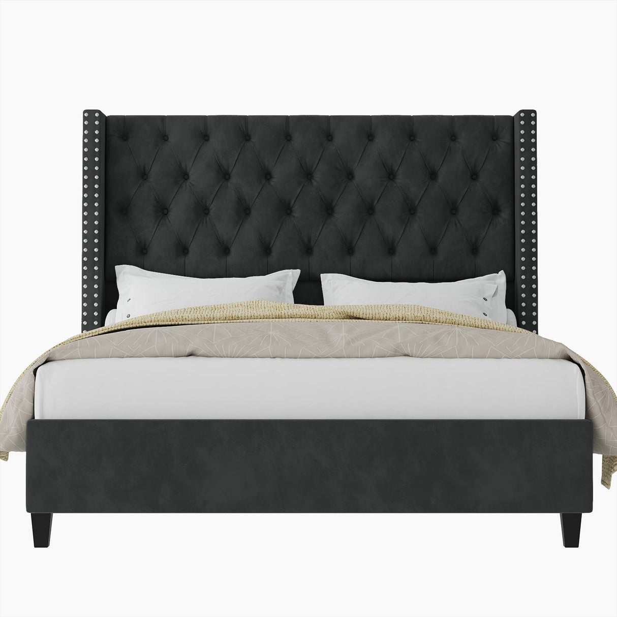 Queen Upholstered Bed Frame with Tall Headboard Wingback Platform Bed Tufted Deep