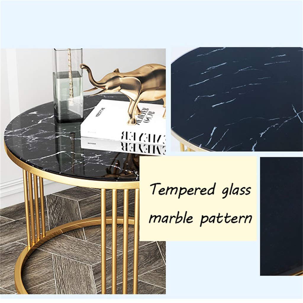 Round End Table Side Table, Marble Pattern Tempered Glass, Coffee Table with Stainless