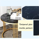 Round End Table Side Table, Marble Pattern Tempered Glass, Coffee Table with Stainless