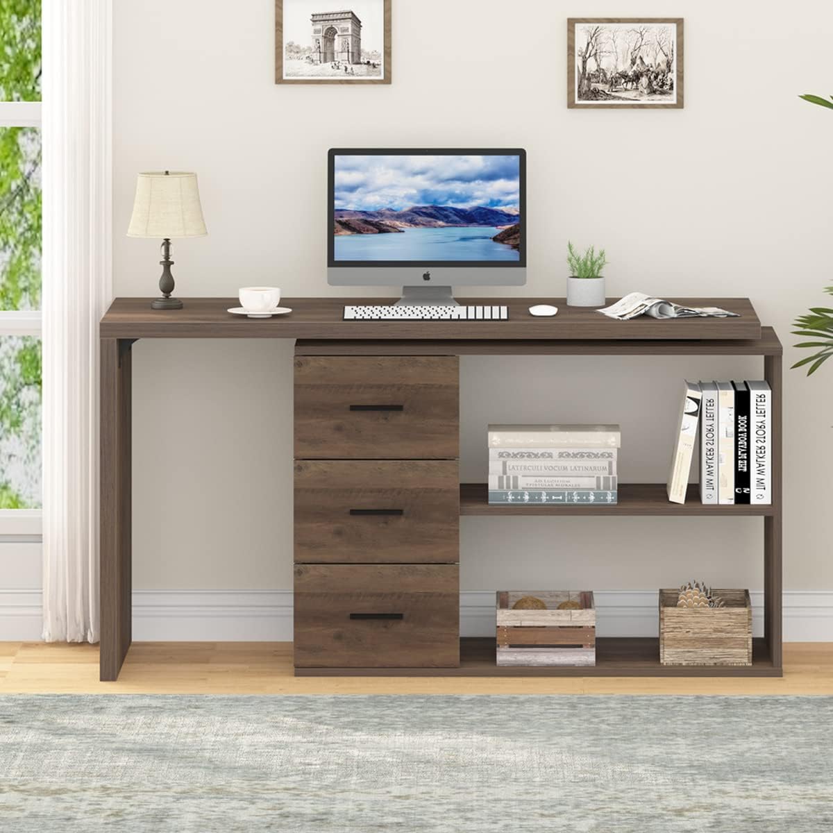 L Shaped Desk with Storage Cabinet, Wood L Shape Desk with Drawers Shelf