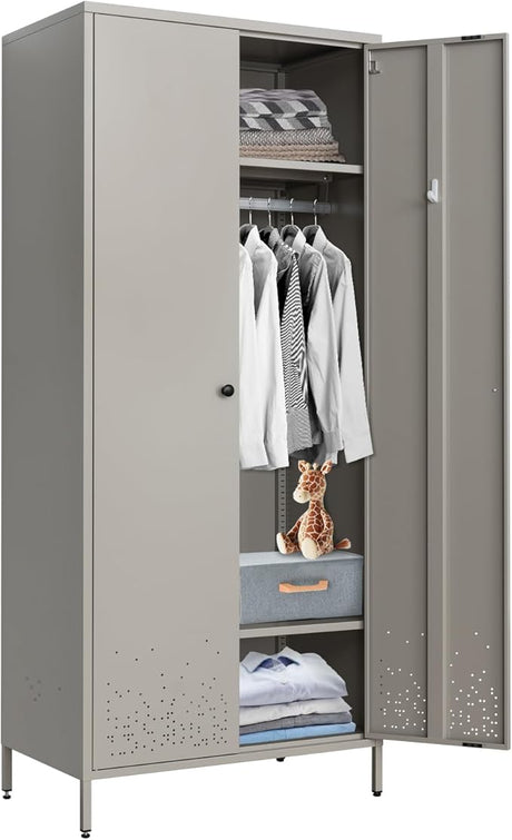 Metal Wardrobe, Storage Cabinet with Hanging Rod，Armoire with Magnetic Door