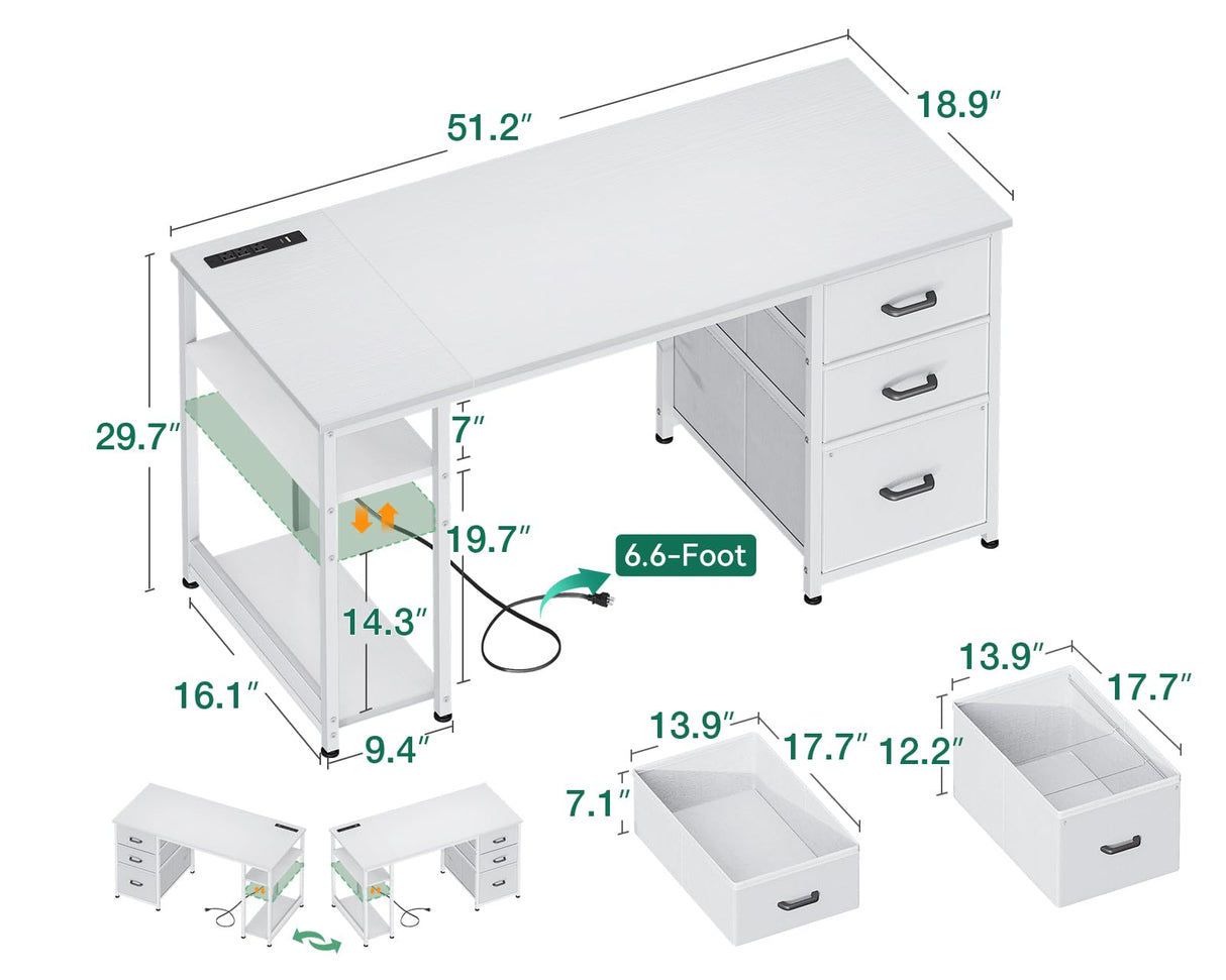 AODK 51 Inch Computer Desk with Fabric Drawers & USB Power Outlets- Reversible Home Office Desk with Storage Shelves, Work from Home, Modern Work/Writing/Study Table for Bedroom, White