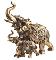 9.25" W Gold Thai Elephan and Cub with Trunk Up Statue Feng Shui Decoration Religious