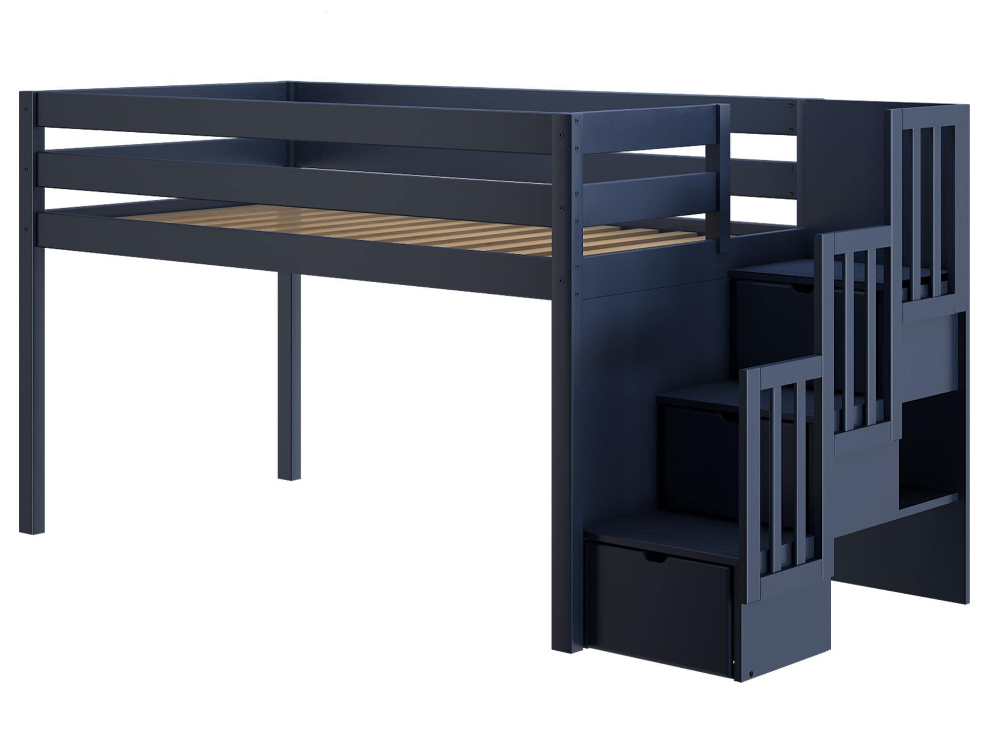 Contemporary Low Loft Twin Bed with a 3 Drawer Stairway, Blue