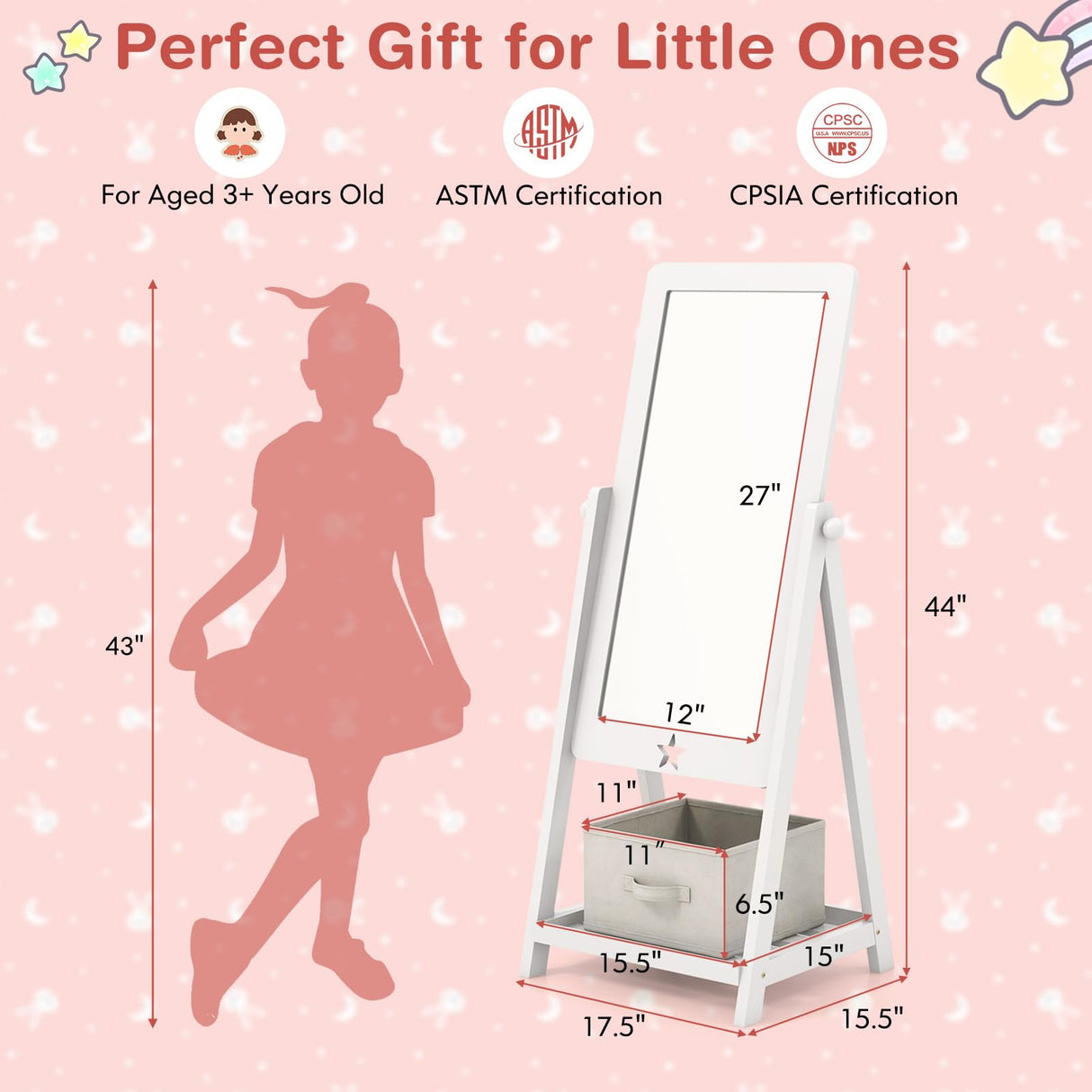 White Kids Full Length Mirror, Princess Free-Standing Dressing Mirror w/Bottom Shelf