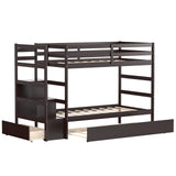 Bed with Trundle, Solid Wood Bunkbeds with Guard Rail and Storage Stairs, Twin Bunk Bed Frame, Suitable for Kids, Teens, No Box Spring Needed (Espresso)