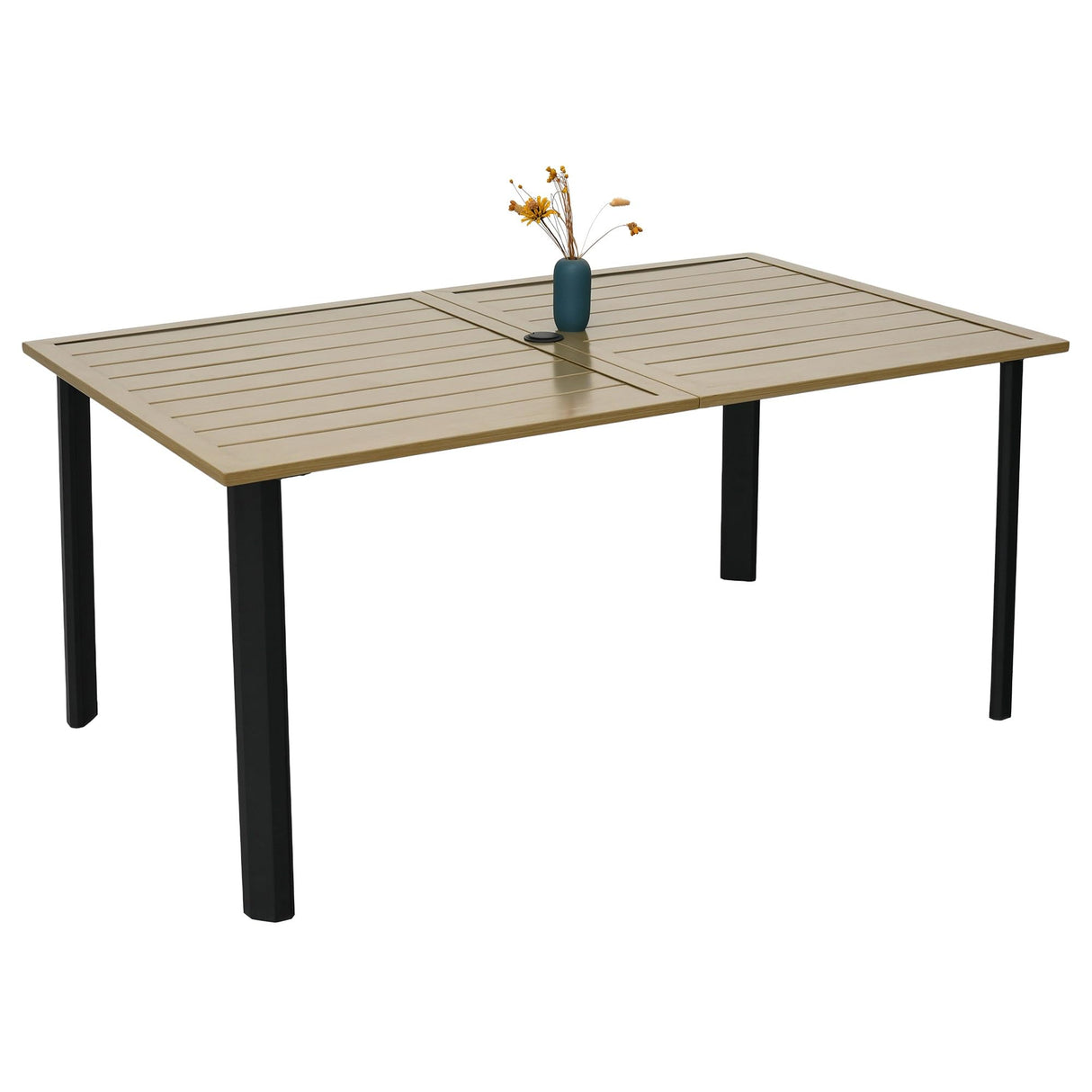 Stackable Rattan Patio Dining Chairs and and Rectangle Table Set of 6 with 63"x38" Wood-Like Table