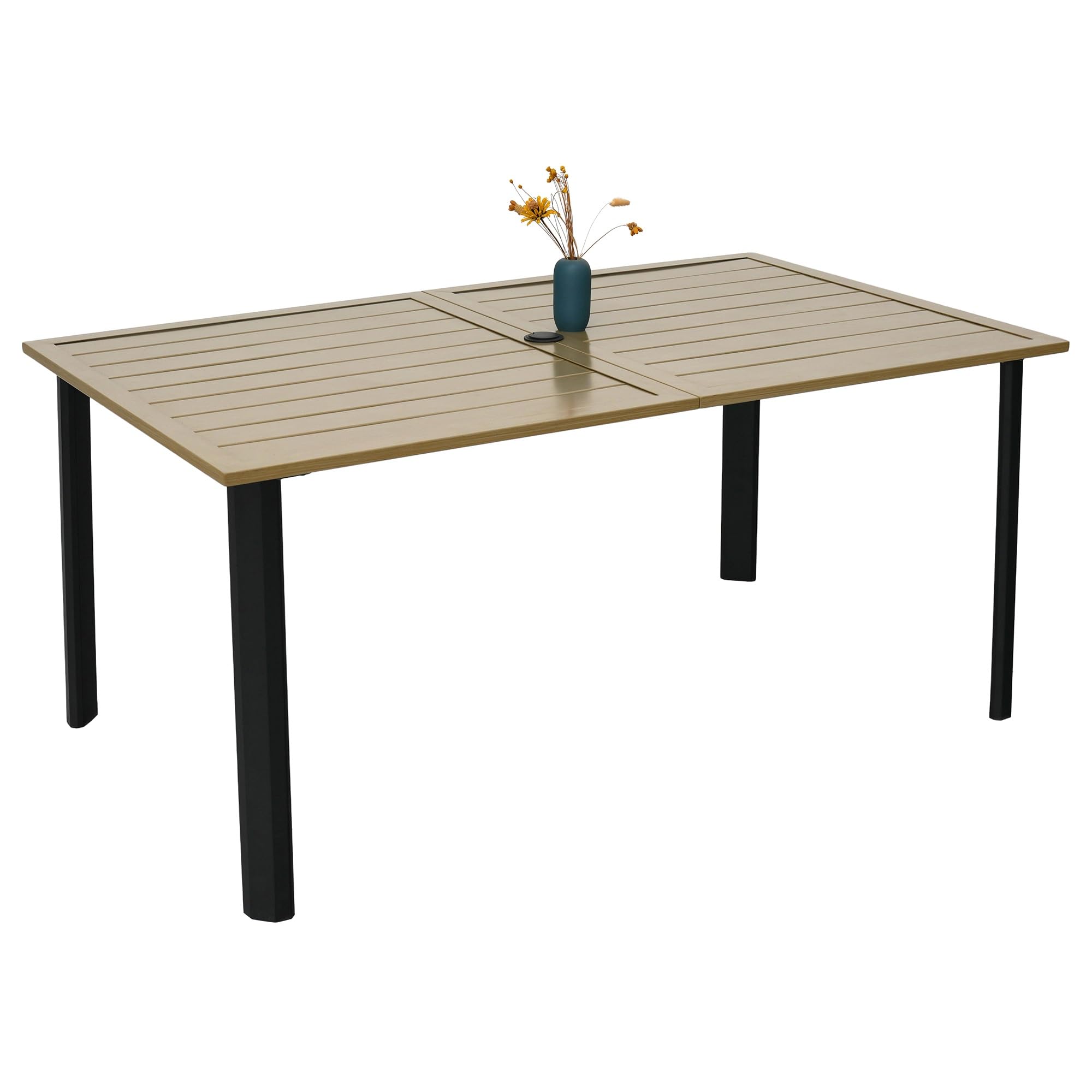 Stackable Rattan Patio Dining Chairs and and Rectangle Table Set of 6 with 63"x38" Wood-Like Table