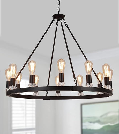 Black Wagon Wheel Chandeliers 12-Lights Large Modern Farmhouse Chandelier Light