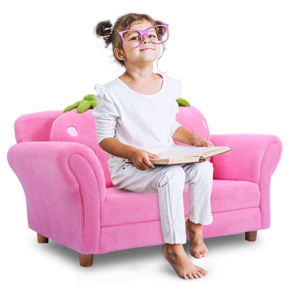 toddler Couch with Two Strawberry Pillows, Children Upholstered Loveseat Lounge Bed,