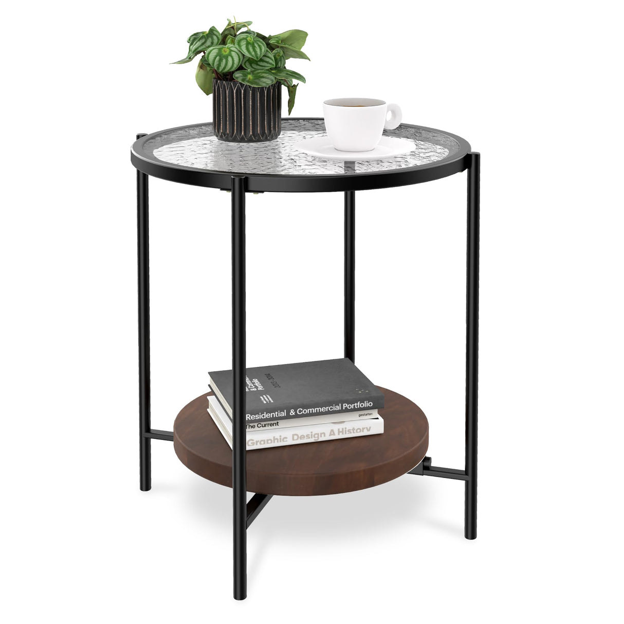 Side Table,Round End Table with 2 Shelves,17" D×20" H Living Room Table