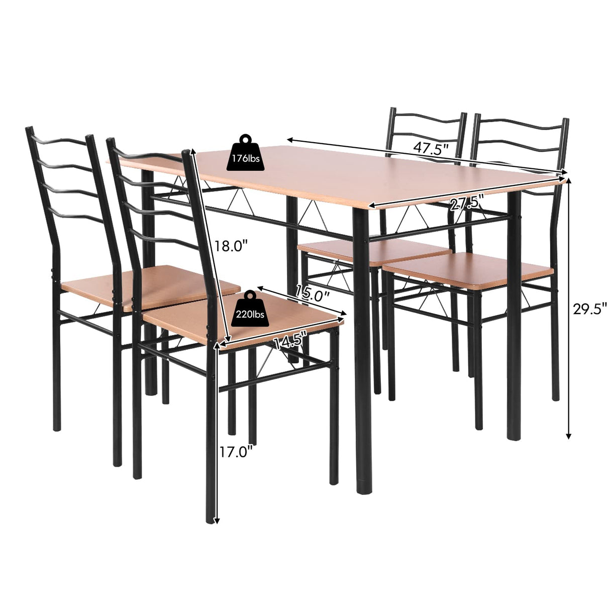 COSTWAY 5 Pieces Dining Room Table Set, Modern Kitchen Table Set with Metal Framework & Anti-slip Pads, Dining Furniture Set with 4 High Back Chairs for Dining room, Restaurant and Cafe (Walnut)