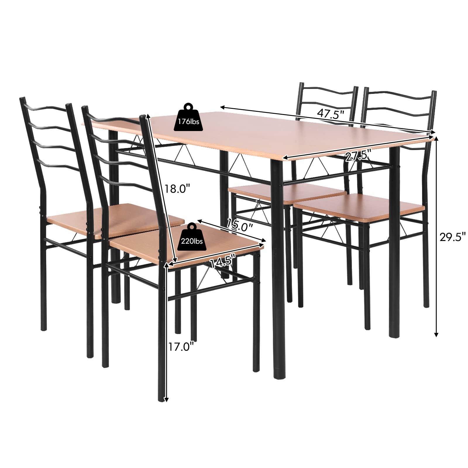 Dining Table Set for 4, Compact Rectangular Kitchen Table w/Metal Frame, PU Cushion