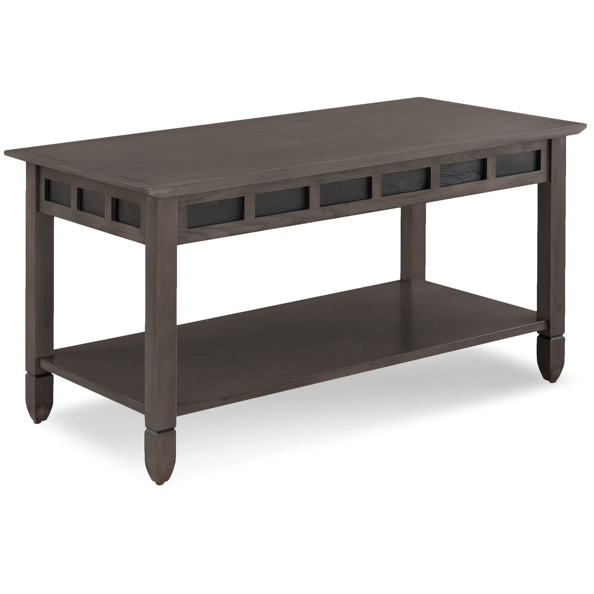 10058-GR Rustic Coffee Table with Shelf, Smoke Gray/Black Slate Stone