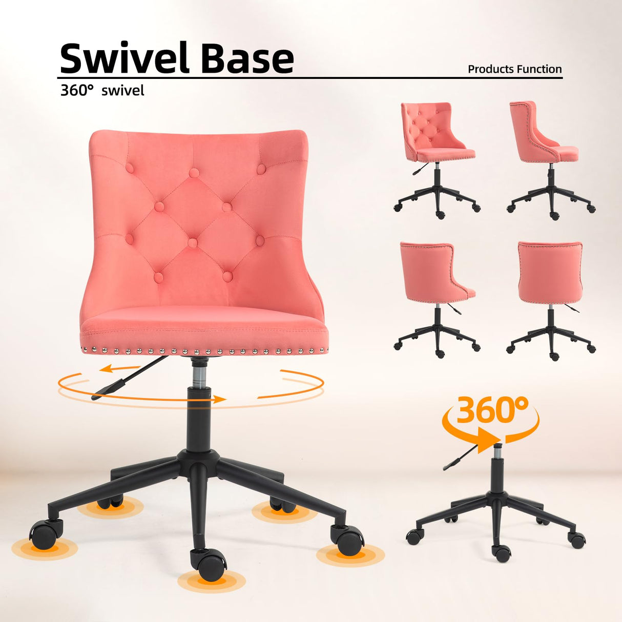 Velvet Upholstered Office Chair with Height Adjustable Base - Pink