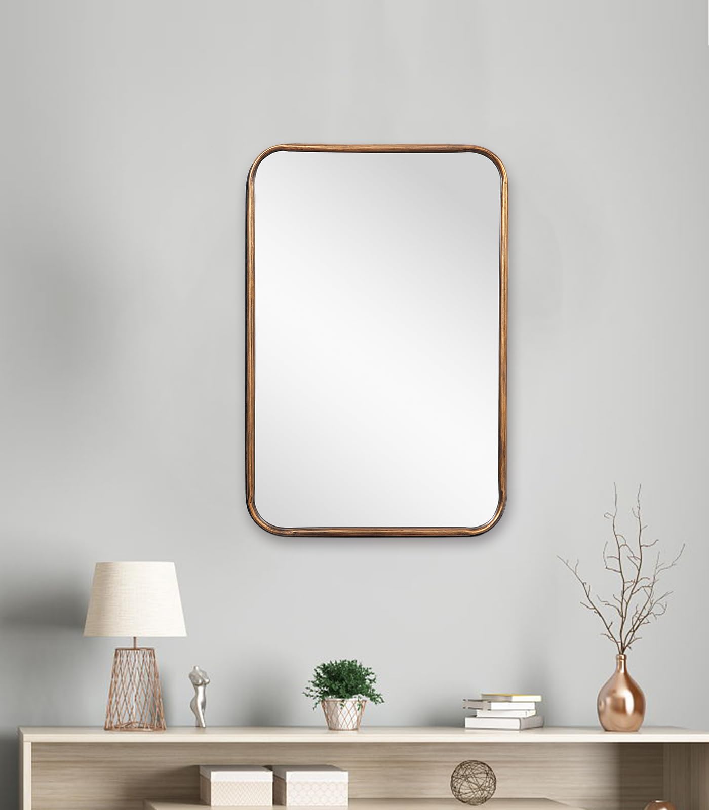 Rectangle Wall Mirror with Rounded Corner Gold Metal Frame Rectangular