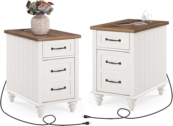 End Table with Charging Station, Wood Side Table with Drawer and Storage Cabinet