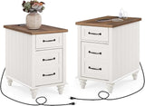 End Table with Charging Station, Wood Side Table with Drawer and Storage Cabinet