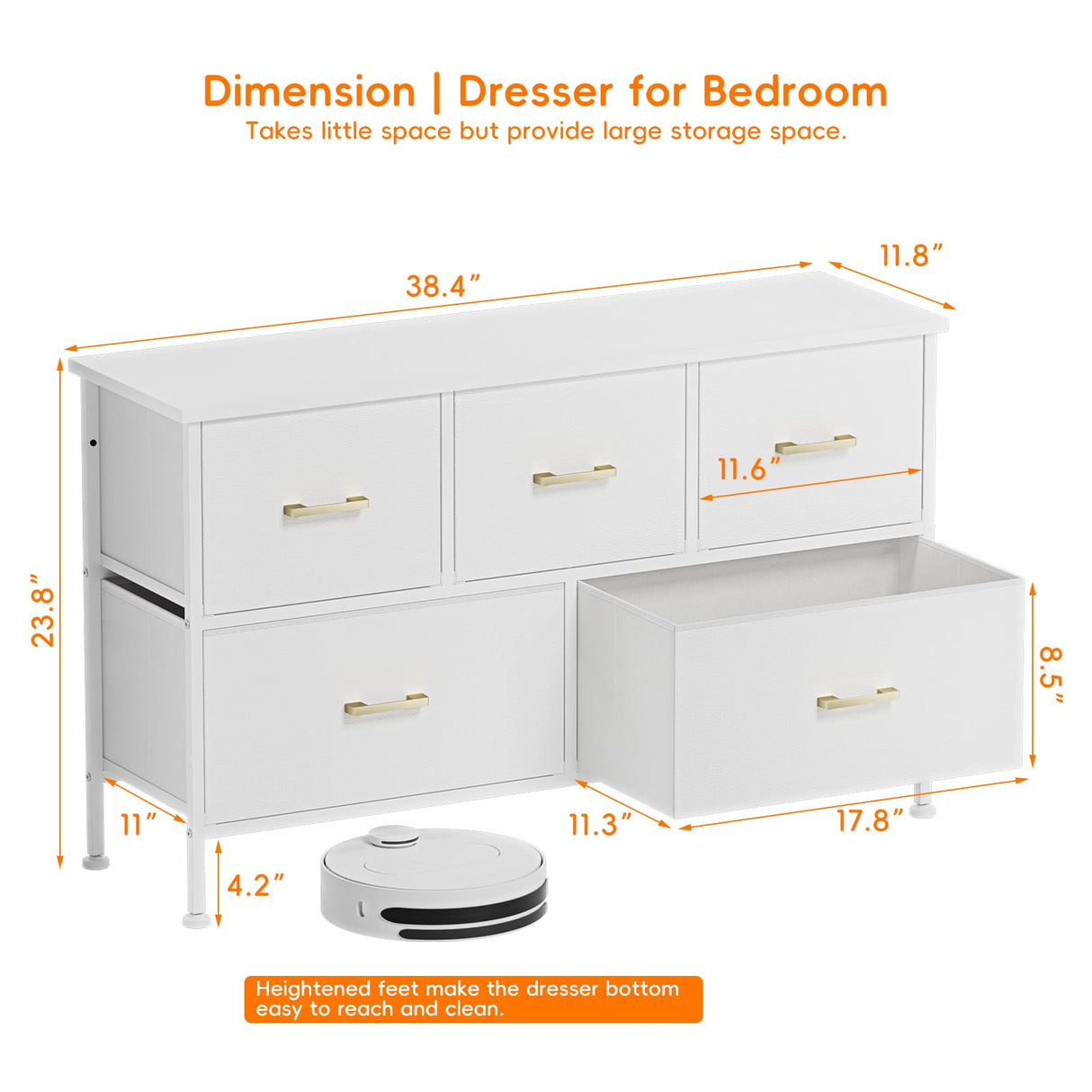 5 Drawers Dresser for Bedroom, White Dresser with Fabric Drawers, Chest of Drawers