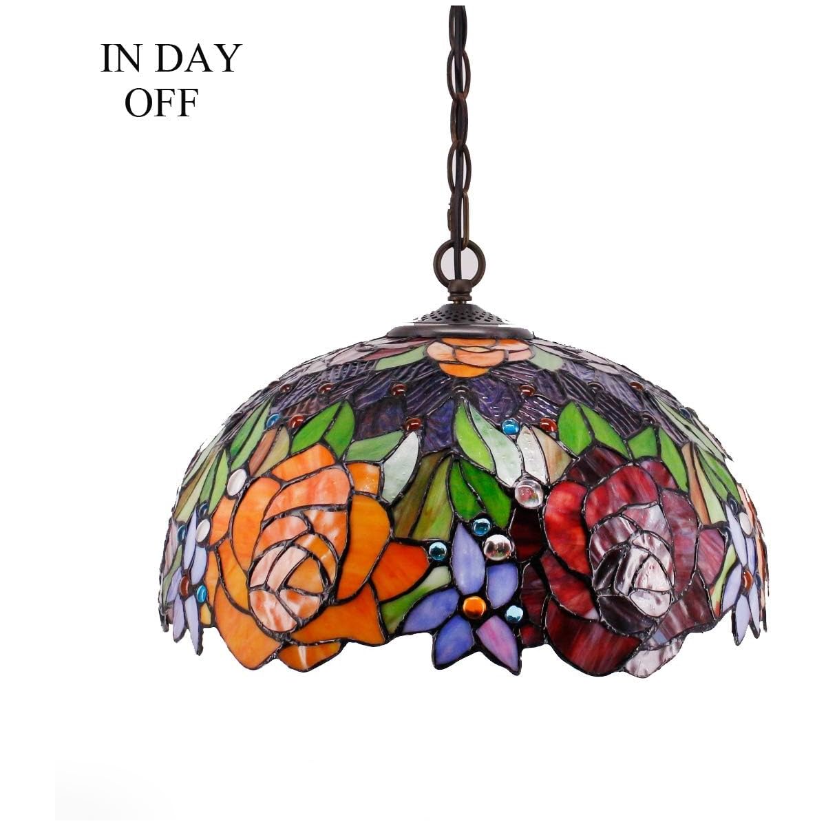 Tiffany Pendant Light - Red Yellow Rose Stained Glass Hanging Lamp 16 Inch