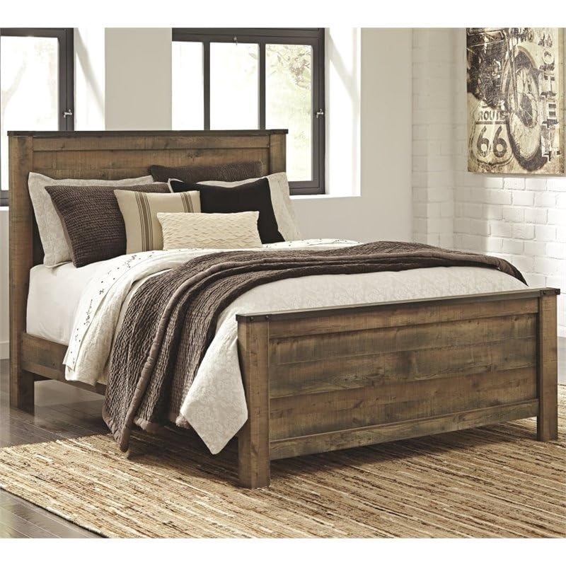 Queen Size Panel Bed with Headboard, Footboard, Platform, Wooden Slats in Wood, in