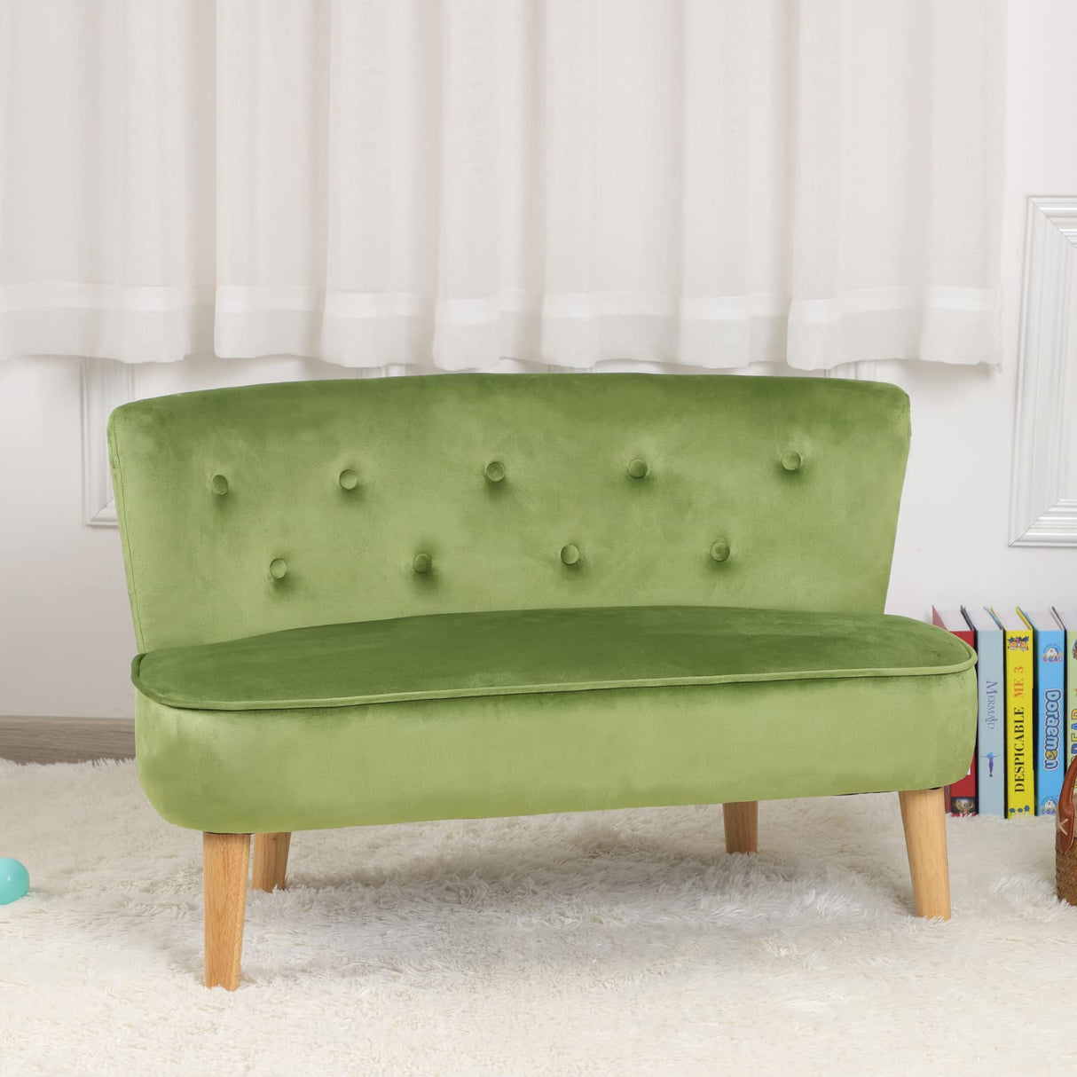 -Seat Kid Sofa Couch with Velvet Fabric,Kid Sofa Chair with Wooden Frame for 3-6 Age Children Gift,35.6" Length, Grass Green