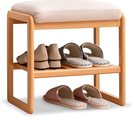 Cloud Shoe Storage Bench, 100% Solid Beech Wood, 23.6'' Shoe Rack Bench w/Washable Cushion, No Assembly, Strong Wood Structure, Hold Up to 440LB, 2-Tier Shoe Organizer for Entryway