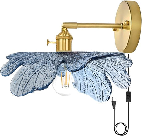 Glass Plug in Wall Light Mid Century Modern Wall Sconce Purple Flower Shade On/Off Switch Gold