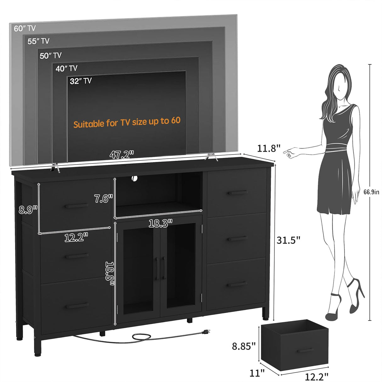 Dresser,Black Dresser for Bedroom Dresser TV Stand with Charging Station for 60" TV Long 6 Drawer Dresser for Bedroom with LED Light Large Fabric Dresser Organizer Unit Tall Chest of Drawers for Kids