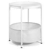 Side Table, White End Table with Storage Basket, Metal Night Stand with Removable Tray,