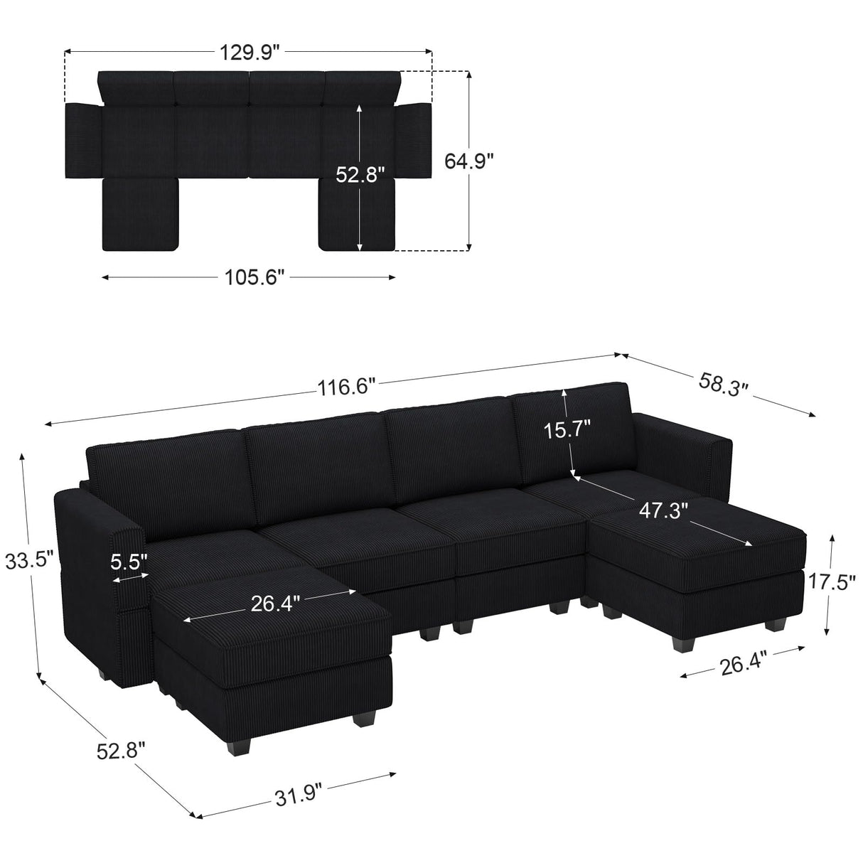 Belffin Modular Sectional Sofa Modern U Shaped Sectional Couch with Storage Seat Modular Couch Corduroy (Black, U Shape Sofa-1)