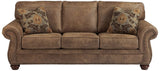 Larkinhurst Faux Leather Sofa with Nailhead Trim and 2 Accent Pillows, Brown
