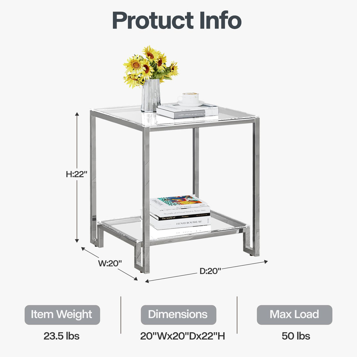 2 Tier Square End Table Side Table with Tempered Glass Top and Silver Stainless Steel