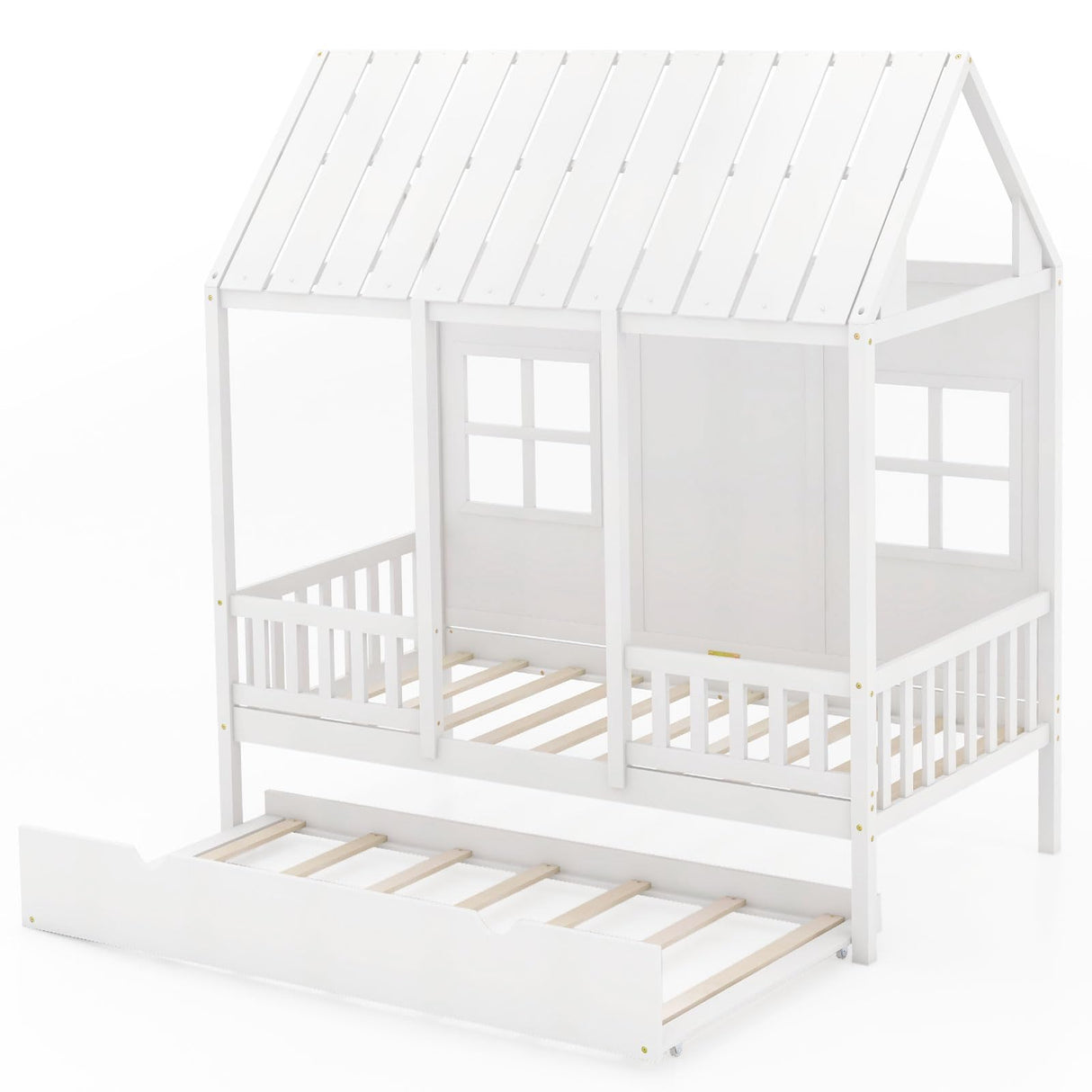 Twin House Bed with Trundle, Kids Bed Frame with 82" Tall Roof, Windows and Guardrail