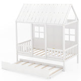 Twin House Bed with Trundle, Kids Bed Frame with 82" Tall Roof, Windows and Guardrail