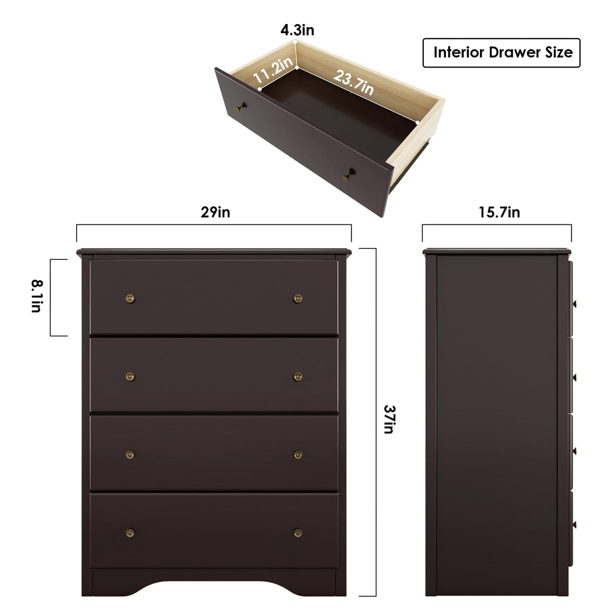 HOUSUIT Dresser, 4 Drawer Dressers Chests of Drawers, Modern Tall Dresser, Wood Drawer Chest Storage Cabinet for Living Room, Hallway, Entryway, Home Office, Dark Brown