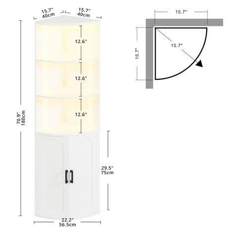 IRONCK Corner Shelf with Doors, Corner Cabinet with LED Light, 5-Tier Storage Cabinet with Doors, Tall Corner Bookshelf for Living Room, Laundry Room, Kitchen, Bar, Small Space